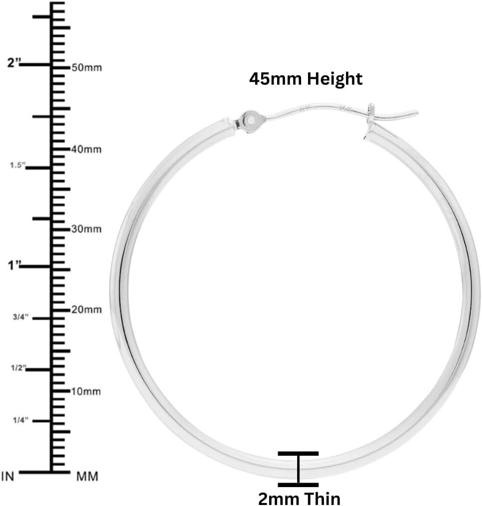 Stunning 14k White Gold 1.8 Inch Round Hoop Earrings with Click-Top Closure