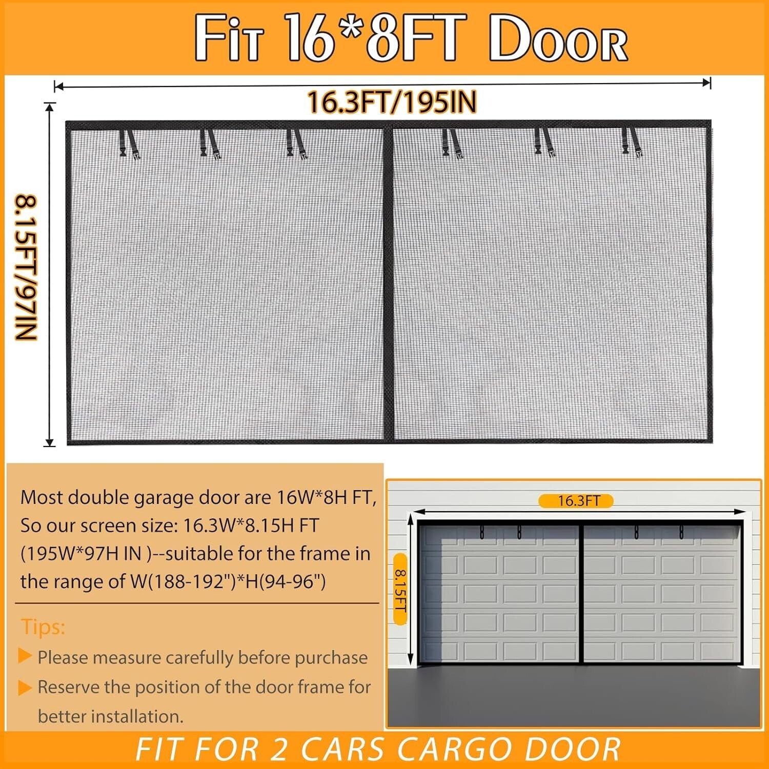 Retractable 16x8FT Garage Door Screen - Durable Fiberglass, 44 Magnetic Points