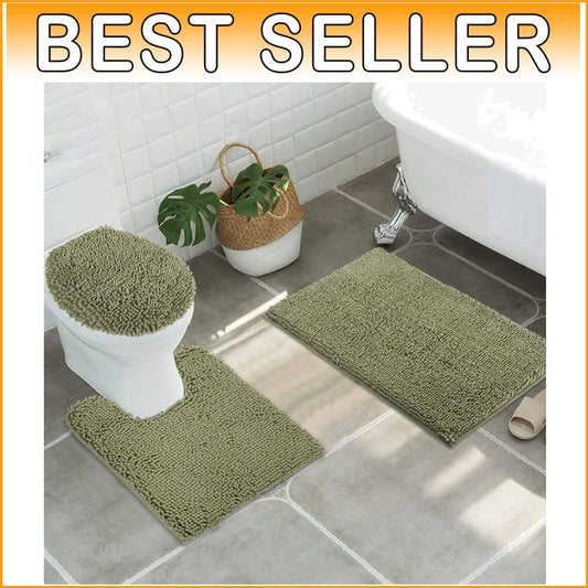 Elegant Sage Green 3-Piece Bath Mat Set with Non-Slip Design and Washable Fabric