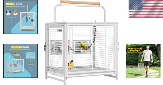 19-Inch Wrought Iron Bird Travel Carrier for Parrots and Lovebirds - White