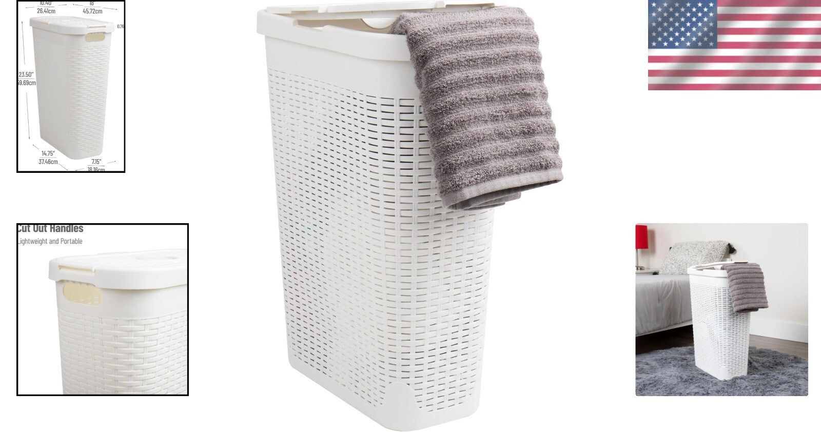 Chic Space-Saving 40L Wicker Laundry Basket with Ventilated Lid - White Plastic