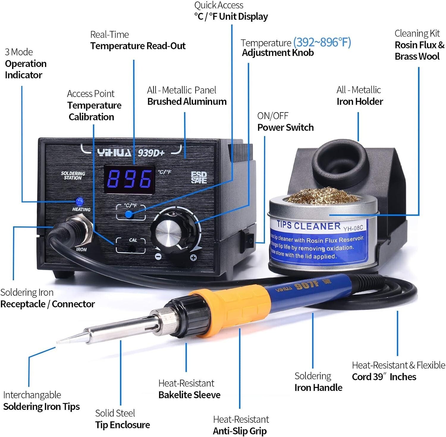 Advanced Digital Soldering Station: Precision Heat Control 392°F-896°F, ESD Safe