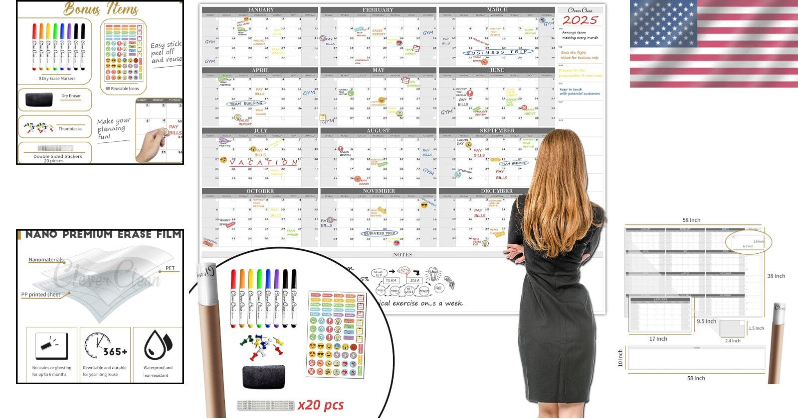 2025 Jumbo Dry Erase Wall Calendar - 48"x58" with Notes Section & Accessories