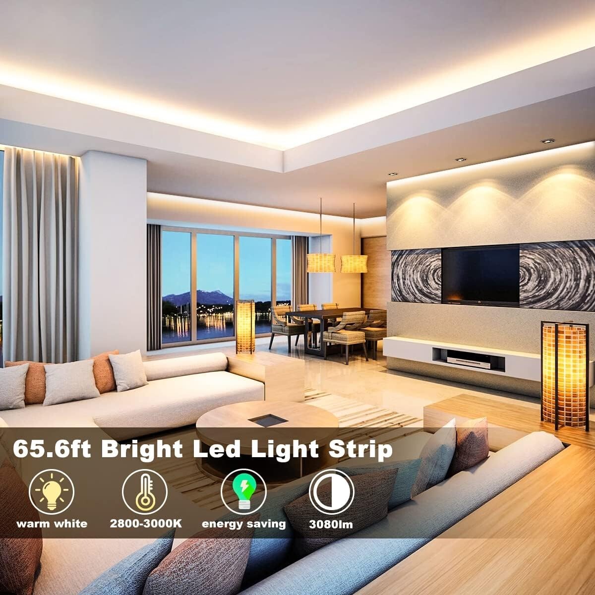 65.6ft Dimmable Warm White LED Strip Lights with RF Remote - Perfect Ambiance