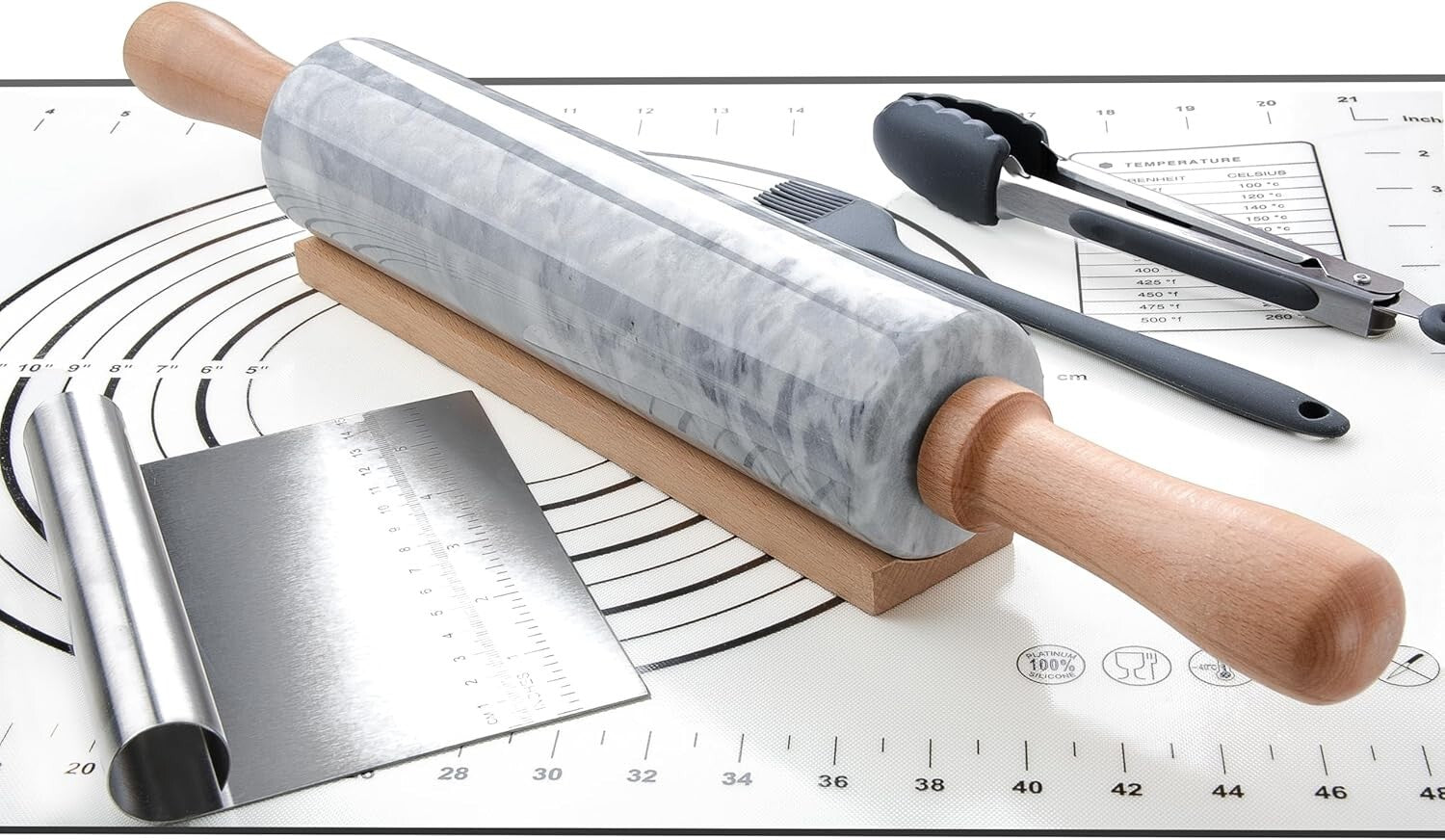 18.5-Inch Polished Marble Rolling Pin Set: Pastry Mat, Brush, & Tongs Included
