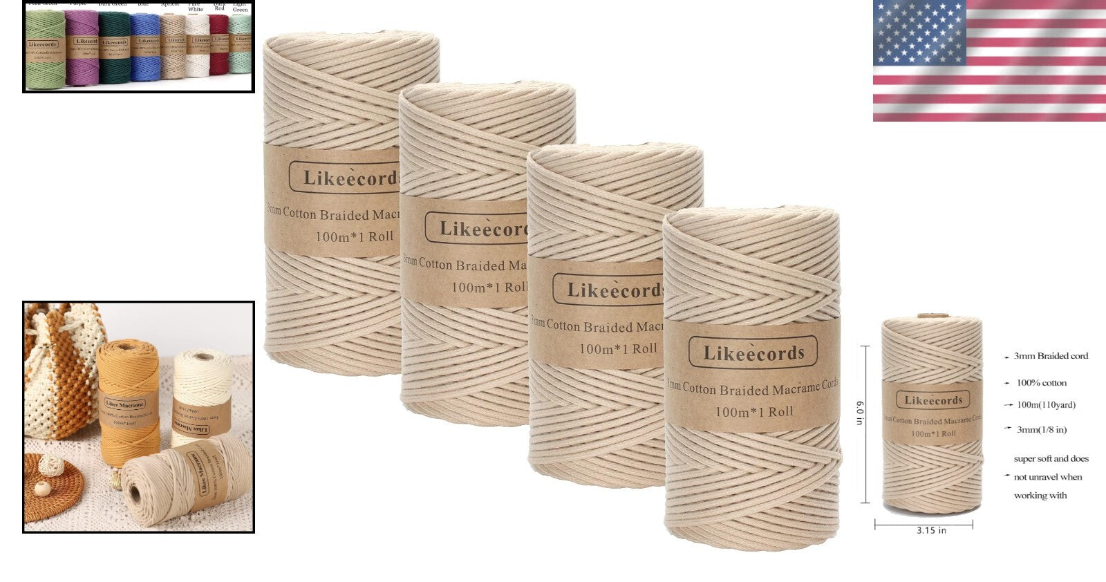 4 Skeins of Apricot 3mm Braided Cotton Macrame Cord for Creative Crafts