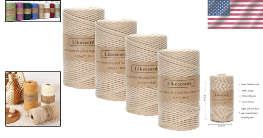 4 Skeins of Apricot 3mm Braided Cotton Macrame Cord for Creative Crafts