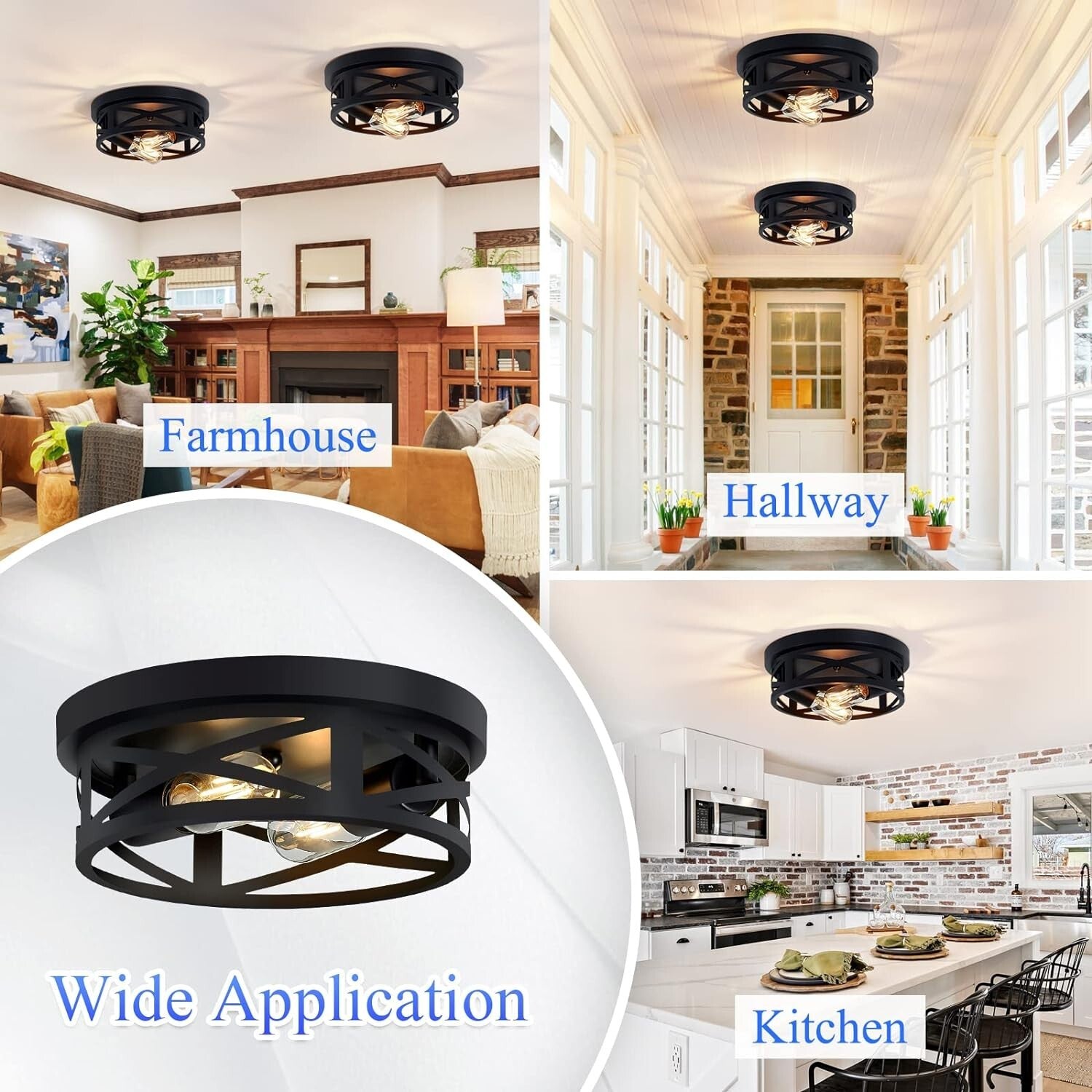 Modern Black 2-Pack Flush Mount Ceiling Light Fixtures for Hallway & Kitchen
