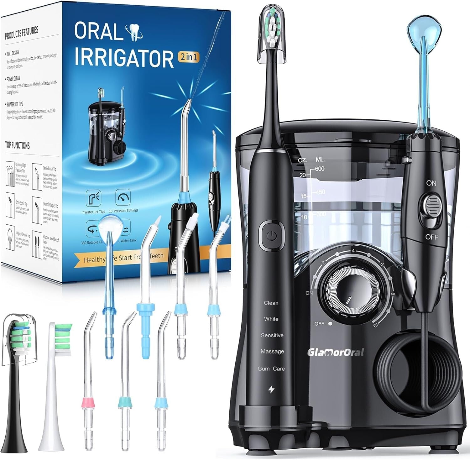 2-in-1 Electric Toothbrush & Water Flosser Combo - 600ML with 10 Pressure Modes