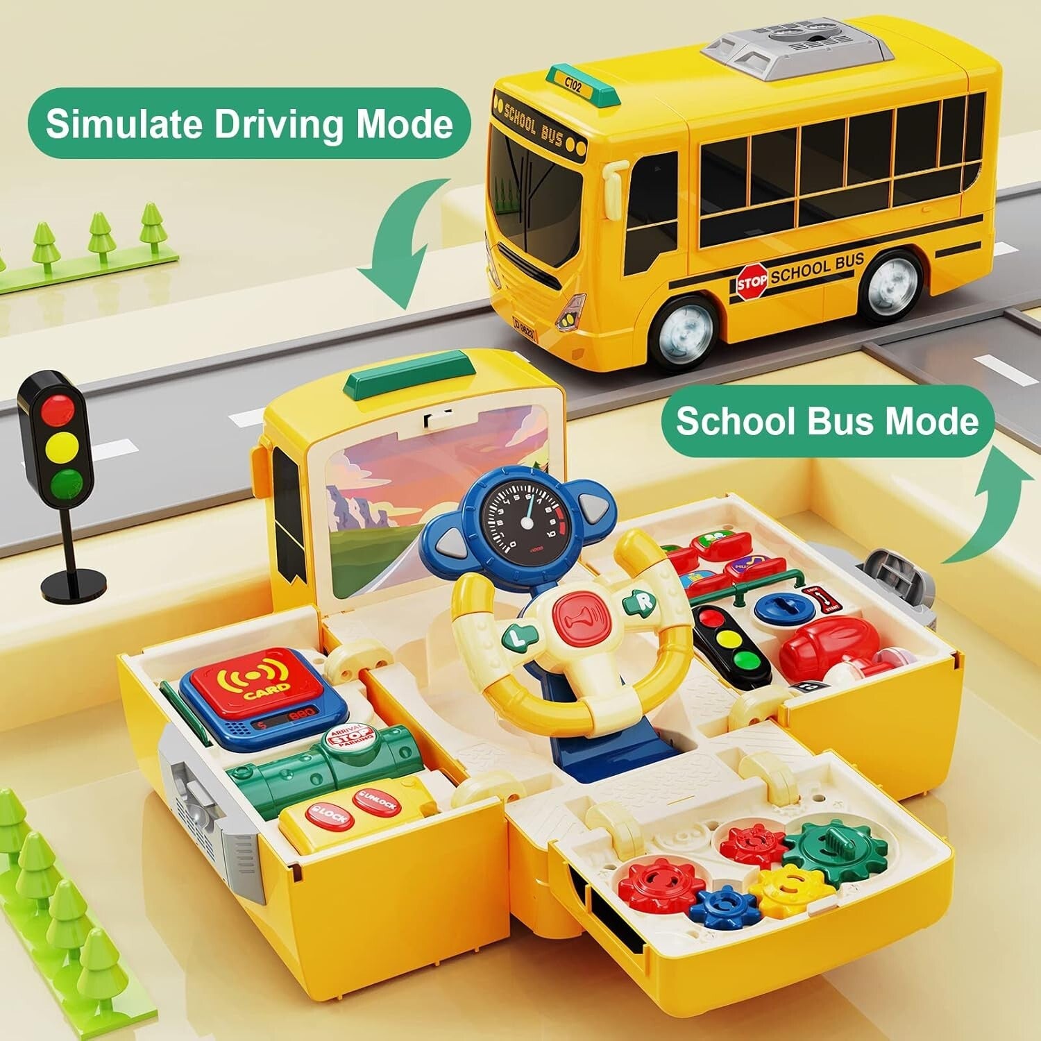 Eco-Friendly Animated School Bus Toy with Steering Wheel & Educational Sounds