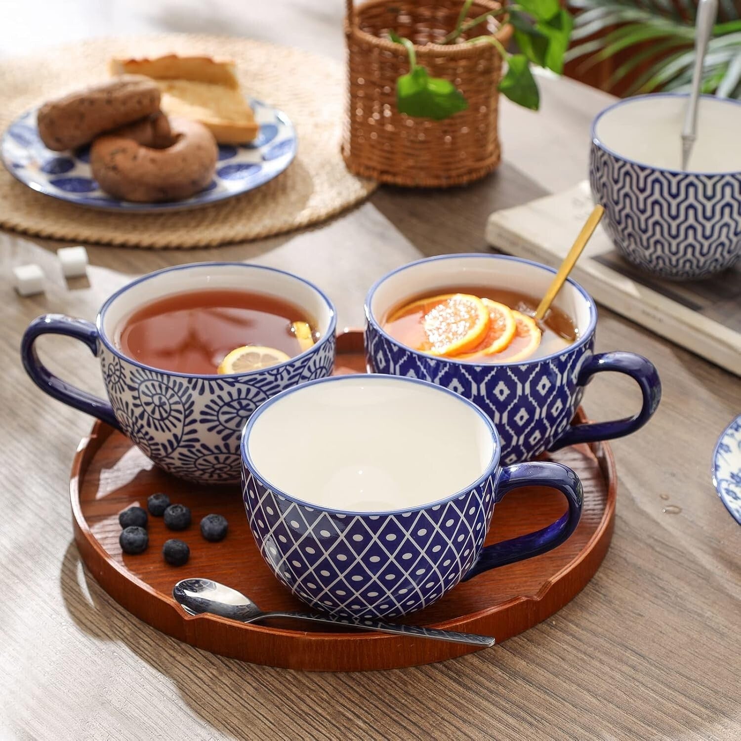 Elegant 24 Oz Jumbo Coffee Mug Set of 4 - Vintage Blue Ceramic with Large Handle