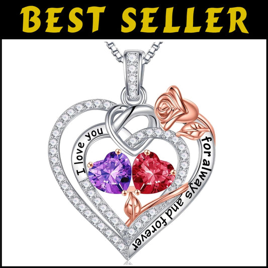Forever Love Heart Necklace - 925 Silver Double Birthstone Jewelry Gift for Her