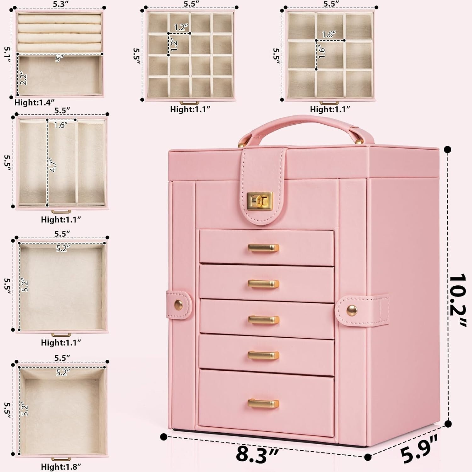 5-Drawer Jewelry Box with Large Mirror – Chic and Functional Organizer for Women