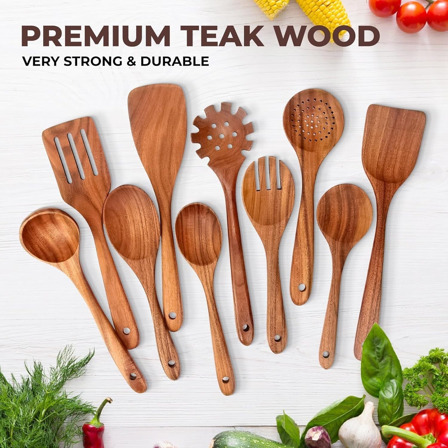 10-Piece Stylish Teak Cooking Utensils Set - Non-Stick Safe & Durable