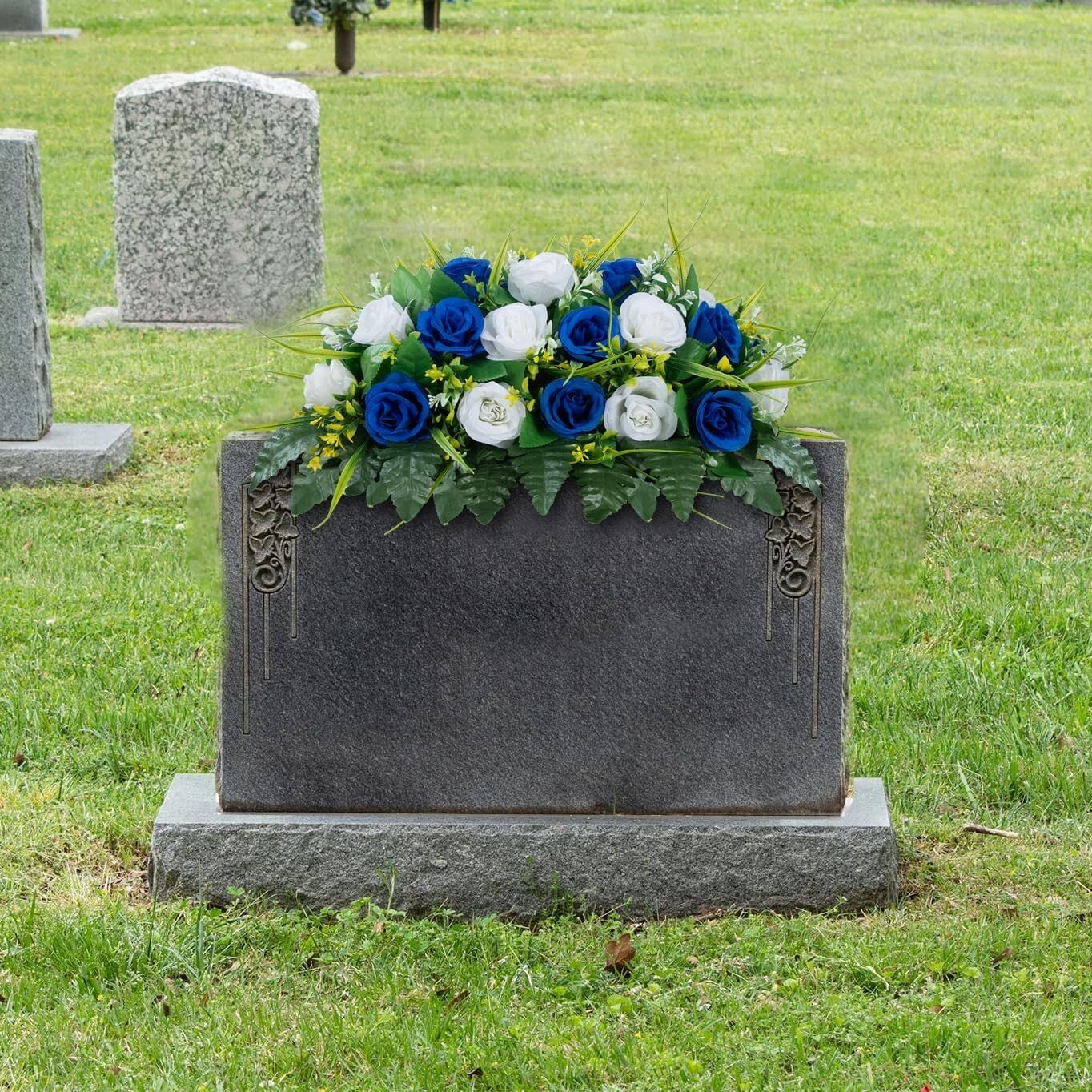 Memorial Flower Saddle for Headstones - Dark Blue & White Silk Roses Decoration