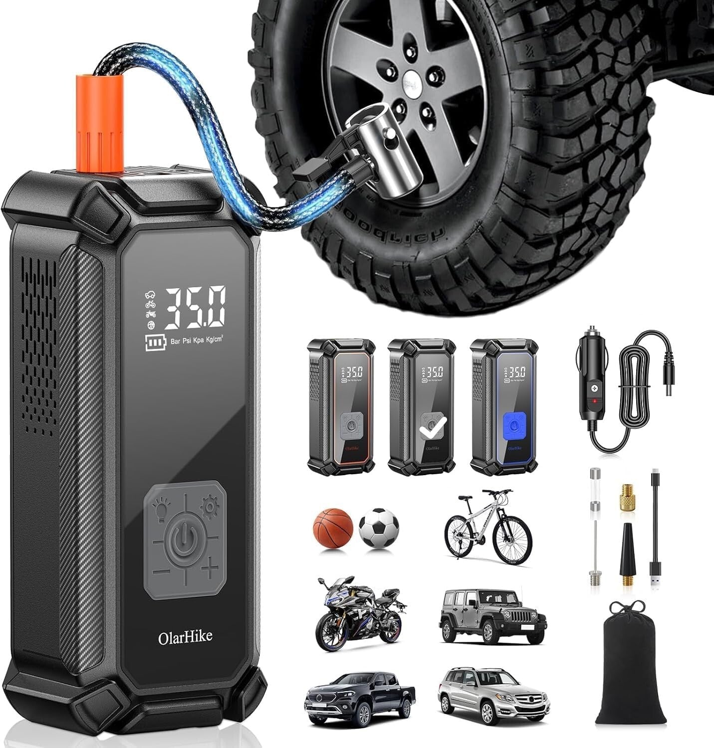 Fast Charging 9000mAh Cordless Tire Inflator with 5 Accessories and Storage Bag