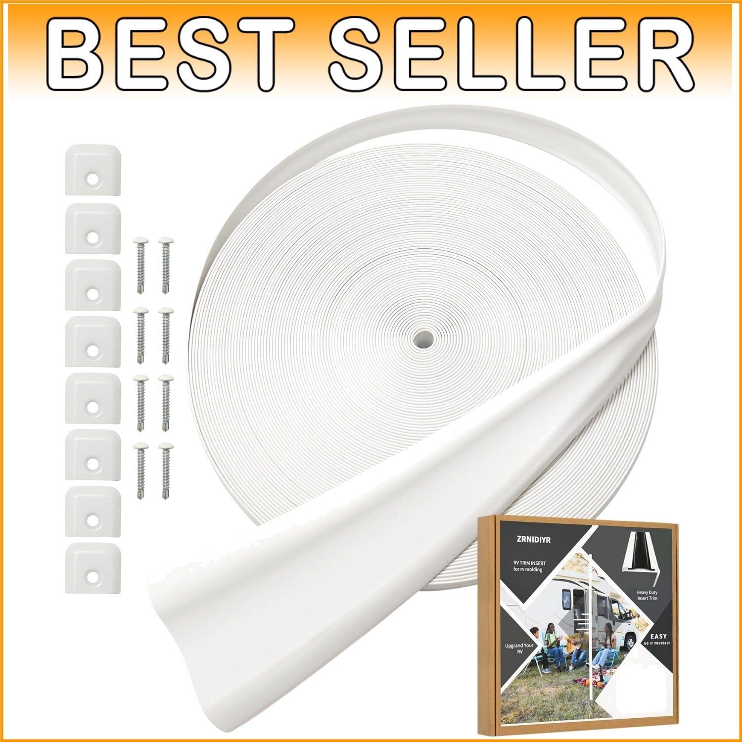 Easy-Cut RV Trim Molding Insert - 100ft White Vinyl, End Caps & Screws Included