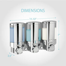 Load image into Gallery viewer, Chrome 3-Chamber Pump Dispenser for Soap, Shampoo &amp; Conditioners - Quick Install