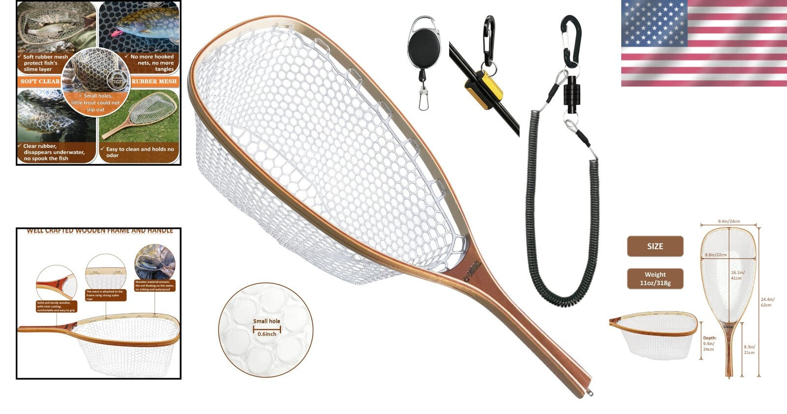 Wooden Frame Trout Landing Net with Magnetic Release - Ideal for Catch & Release