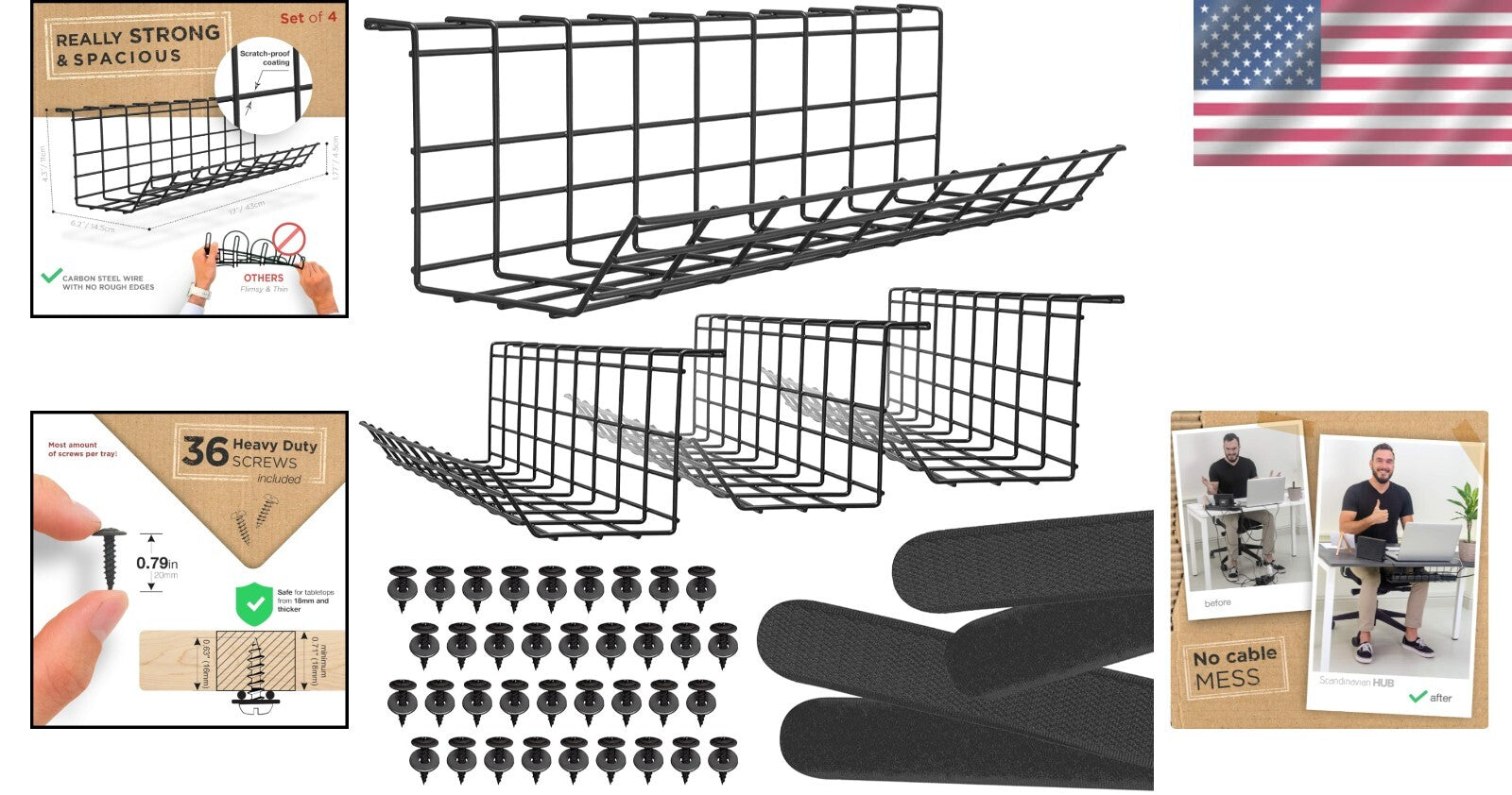 Modern Cable Organizer Tray for Desks - Install Under or On Wall for Elegance