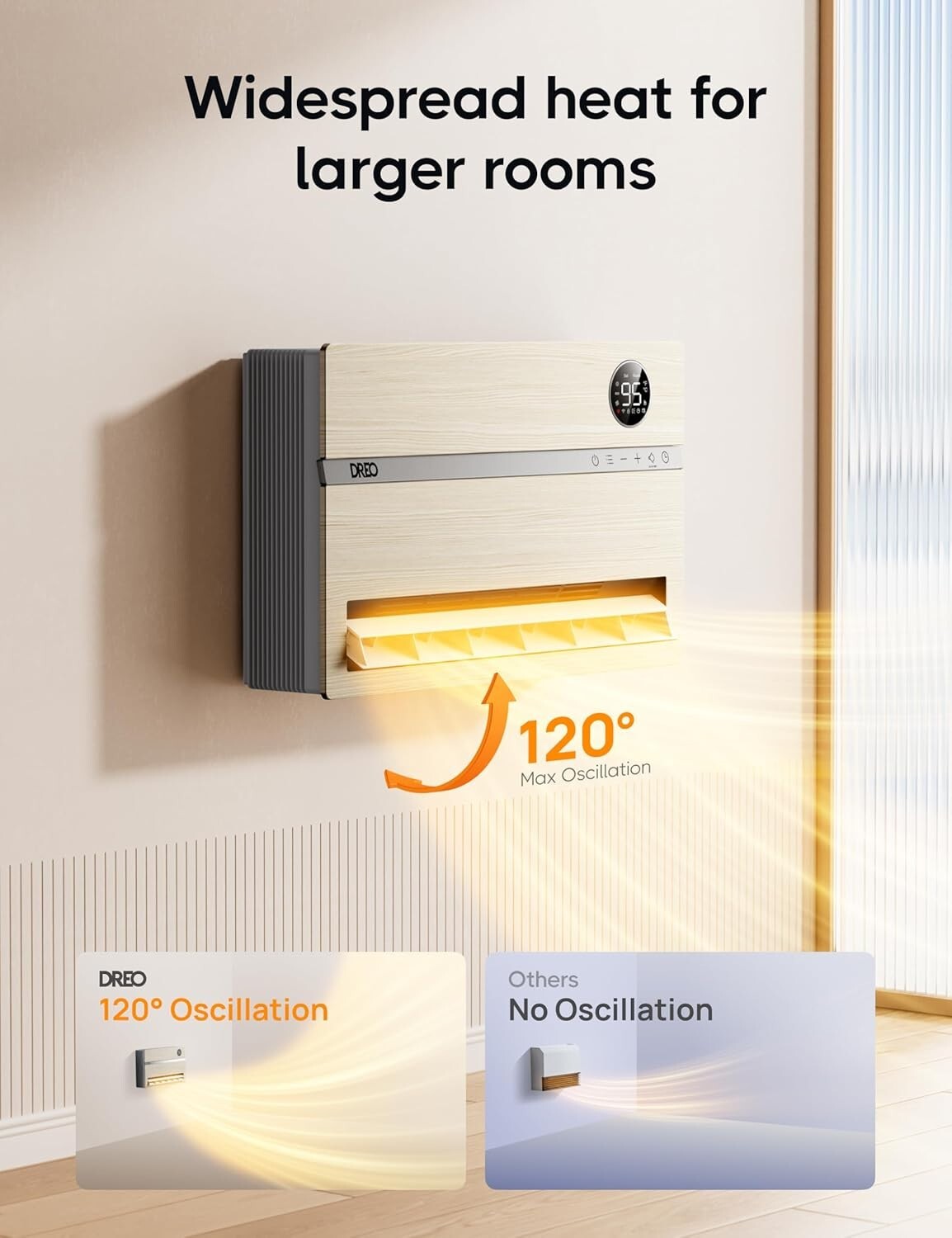 Versatile Electric Space Heater - Wall-Mounted with 120° Oscillation & Remote