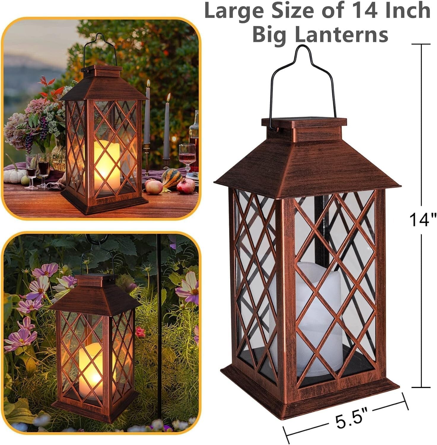 2 Pack 14" Solar Lanterns - Waterproof LED Flameless Candle in Antique Copper