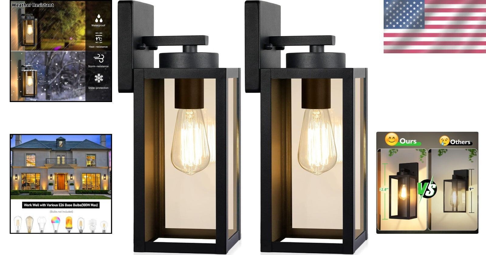 Elegant Outdoor Wall Light Fixtures with Glass Shades - Weather-Resistant 2-Pack