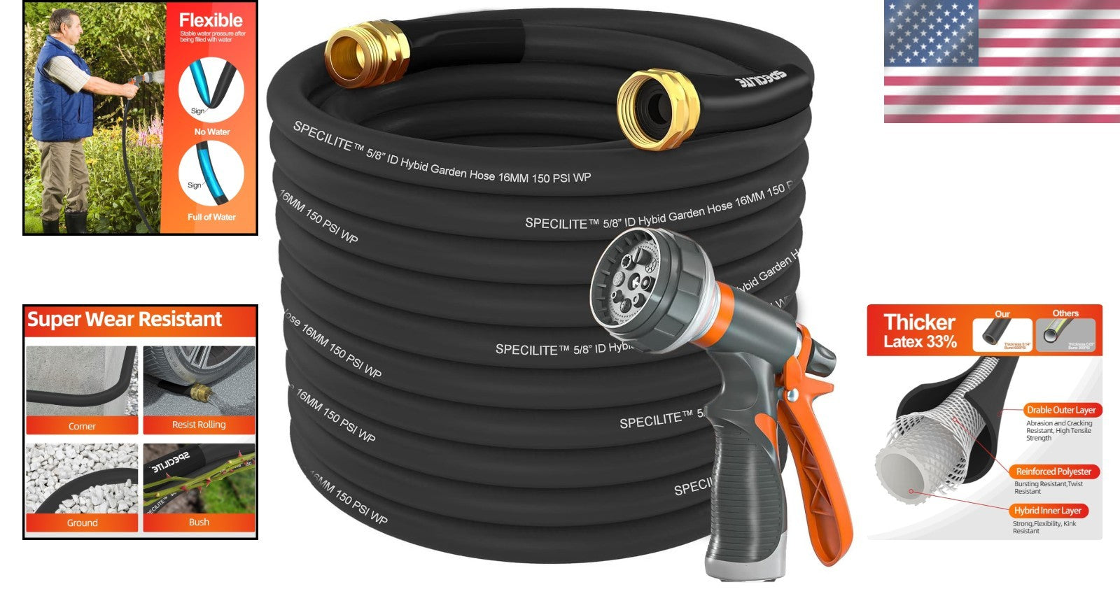 Flexible 50 ft Kink-Less Water Hose - 600 PSI, Brass Connector for Durability