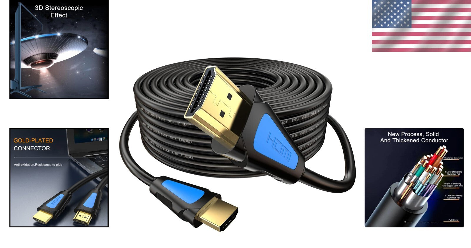 Durable 100 ft HDMI Cable with No Signal Amplifier Needed - Big OD 9.0mm