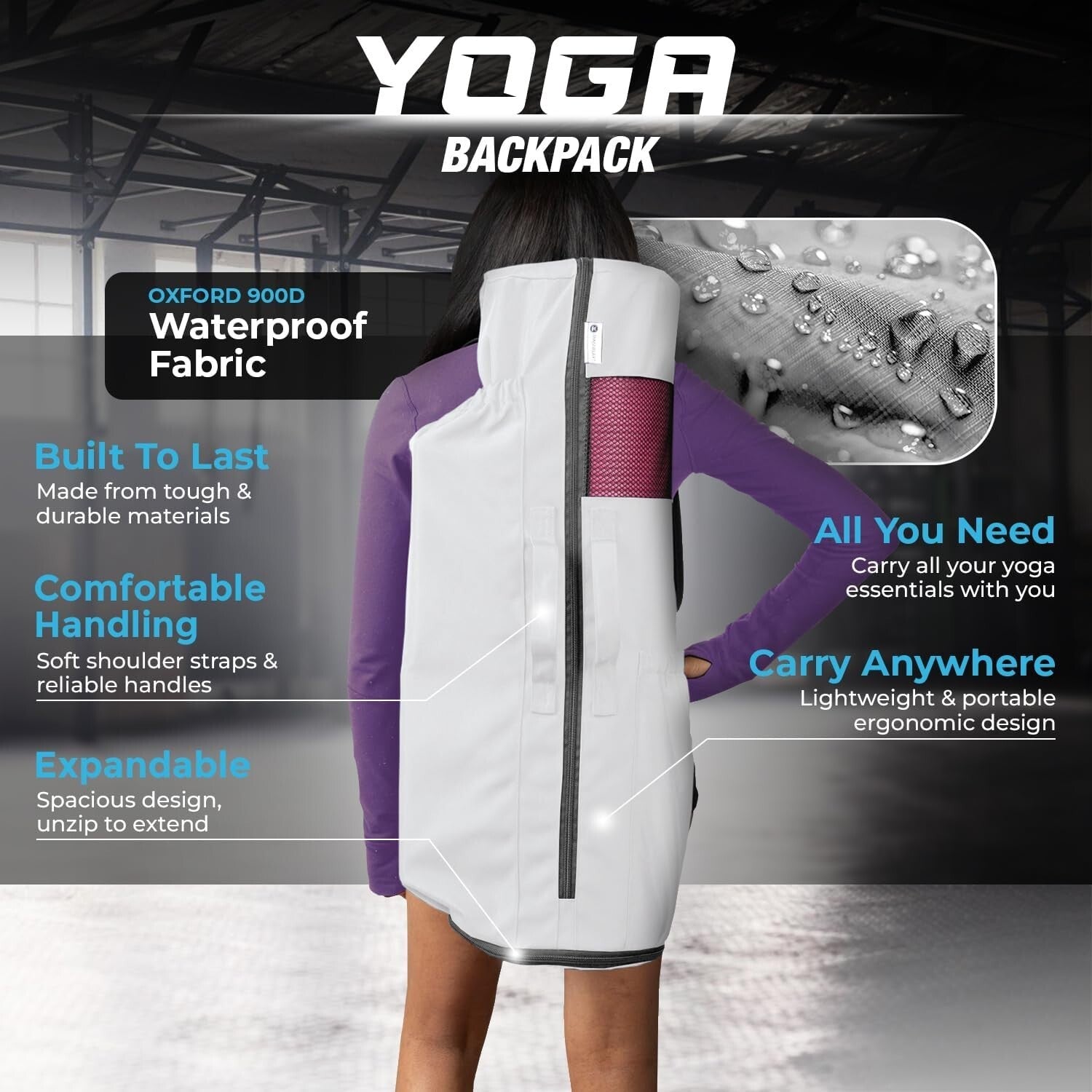 Water-Resistant Yoga Bag - Fits 32" Mats, Adjustable Backpack & Pockets Included