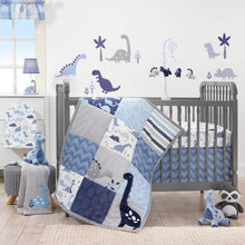 Load image into Gallery viewer, Modern Dinosaur Crib Bedding Set, 3 Pieces with Quilt and Dust Ruffle, Blue/Gray