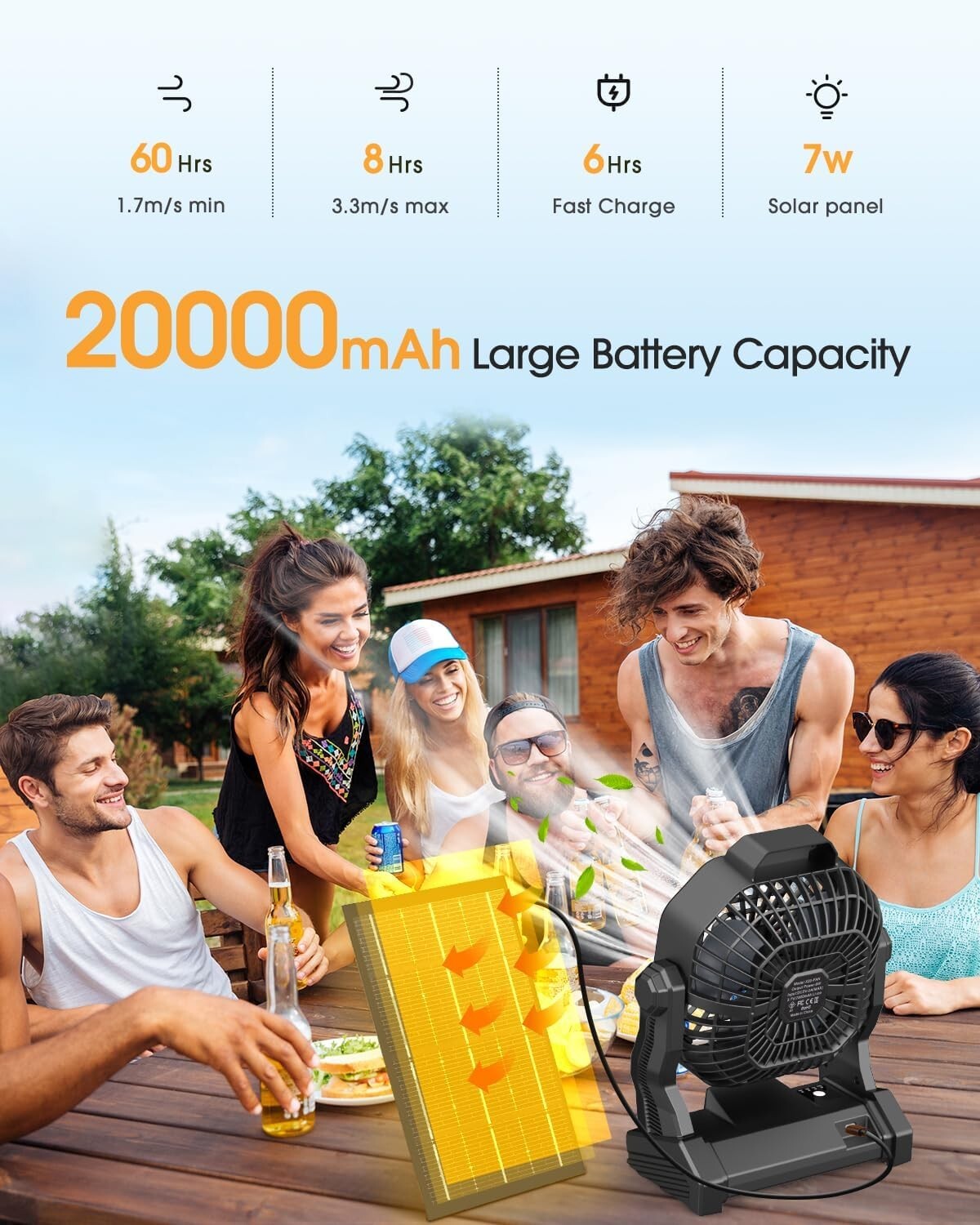 7W Solar-Powered Tent Fan with Bladeless Design & LED Light - Perfect for BBQs