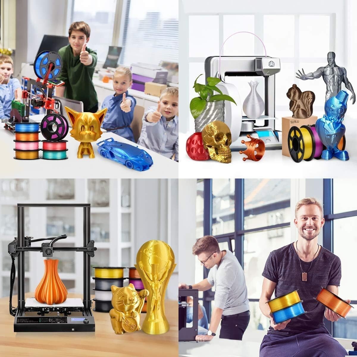 4 Pack Black Shiny Silk PLA 3D Filament - 1.75mm, Perfect for Any Printer