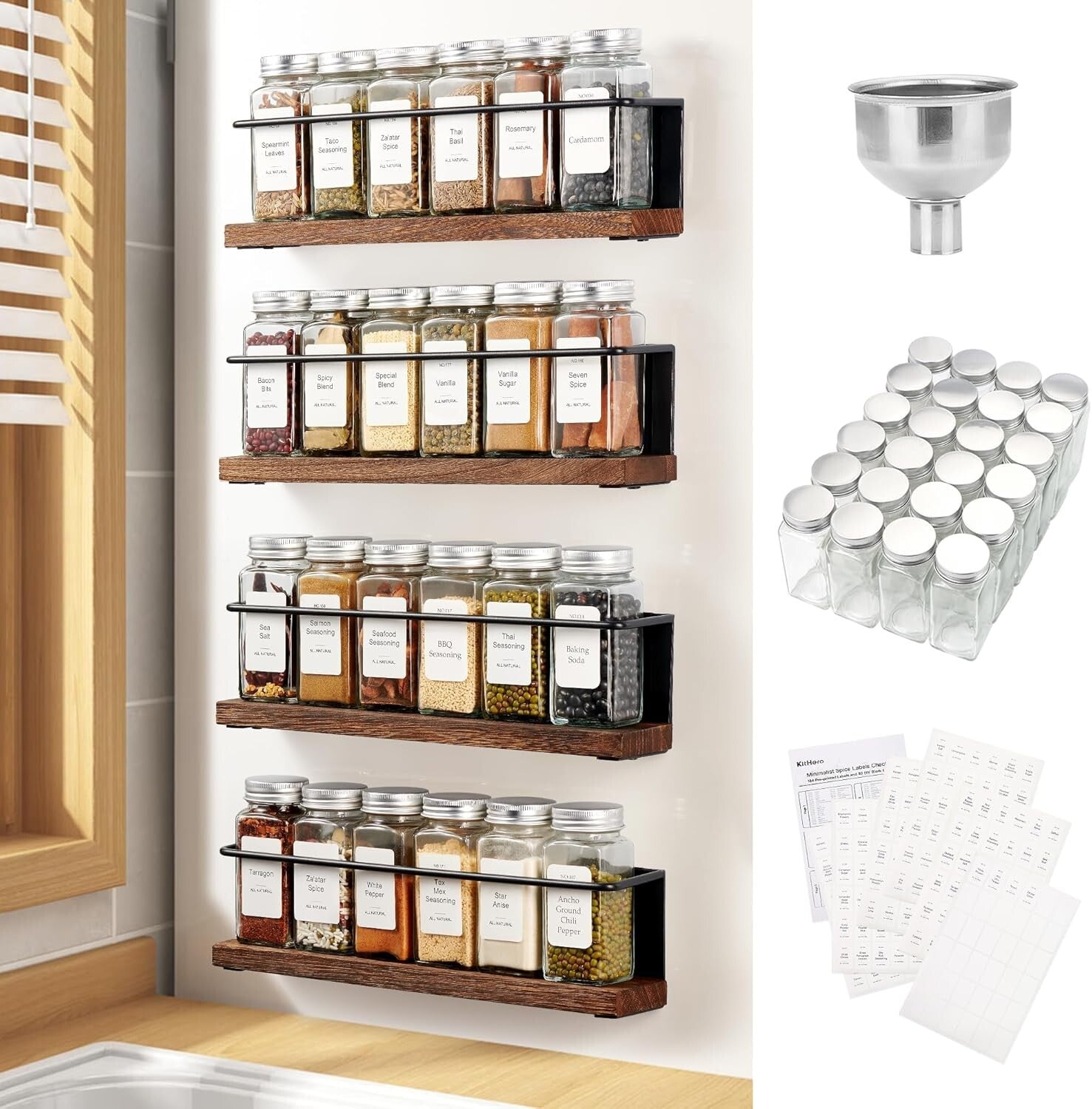 Polished Magnetic Spice Rack Set with 24 Glass Jars and Funnel - Modern Storage