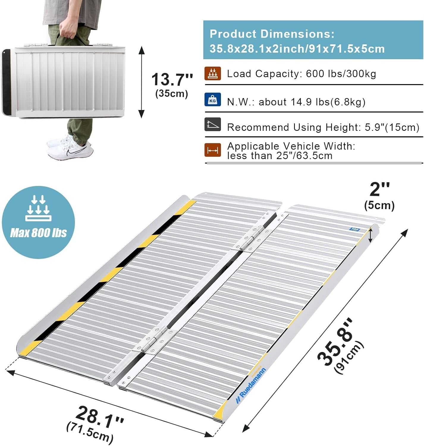 3FT Portable Folding Wheelchair Ramp - 600 lbs Load Capacity for Home & Outdoor