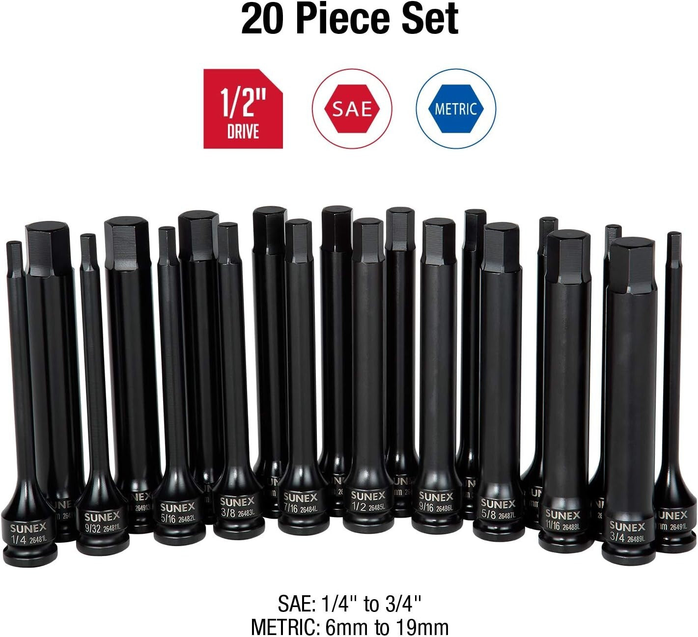 20pc 1/2" Drive Impact Hex Driver Set - Durable Steel for Versatile Fastening