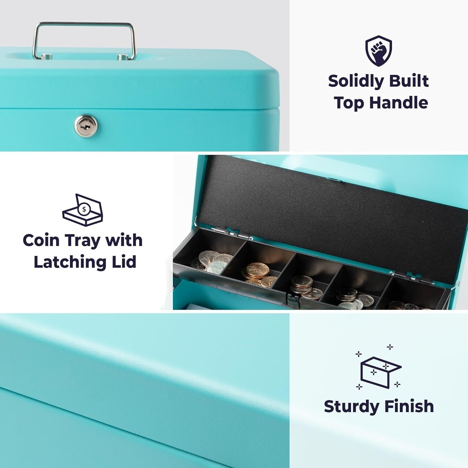 Cyan Key Lock Cash Box: Durable Portable Safe for Events - Heavy-Duty Design