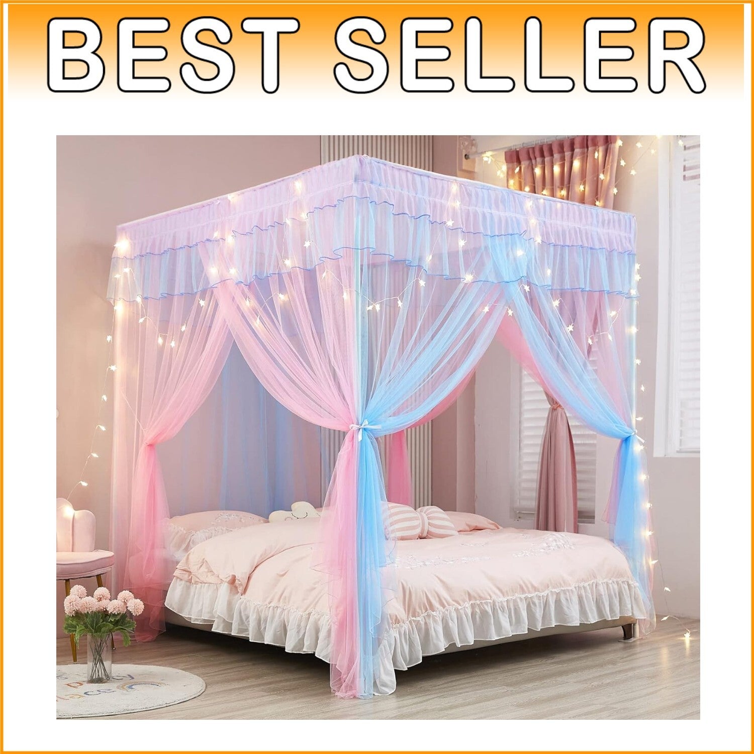 Deluxe Rainbow Princess Bed Canopy with Built-In Lights - Cozy Queen Size Decor