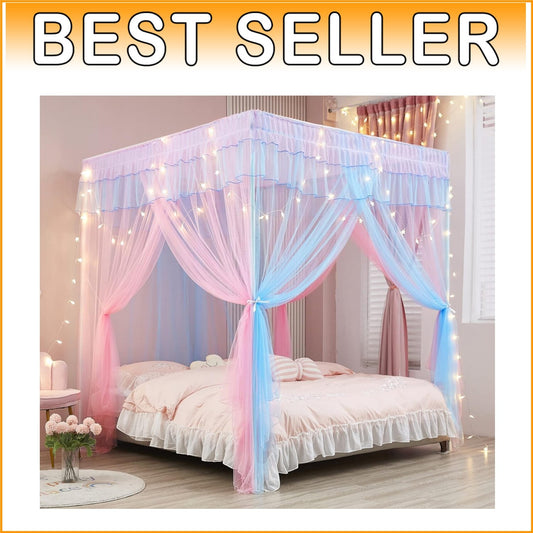 Deluxe Rainbow Princess Bed Canopy with Built-In Lights - Cozy Queen Size Decor
