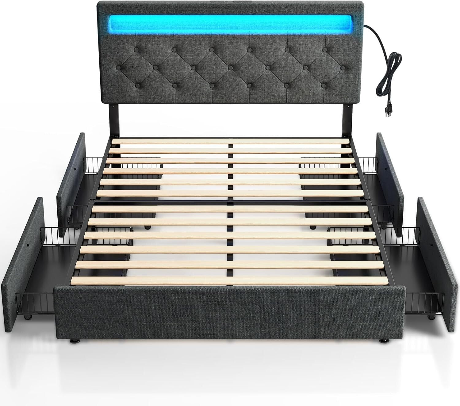 Full Size Bed Frame with USB Charging & LED Lights - 4 Storage Drawers Included