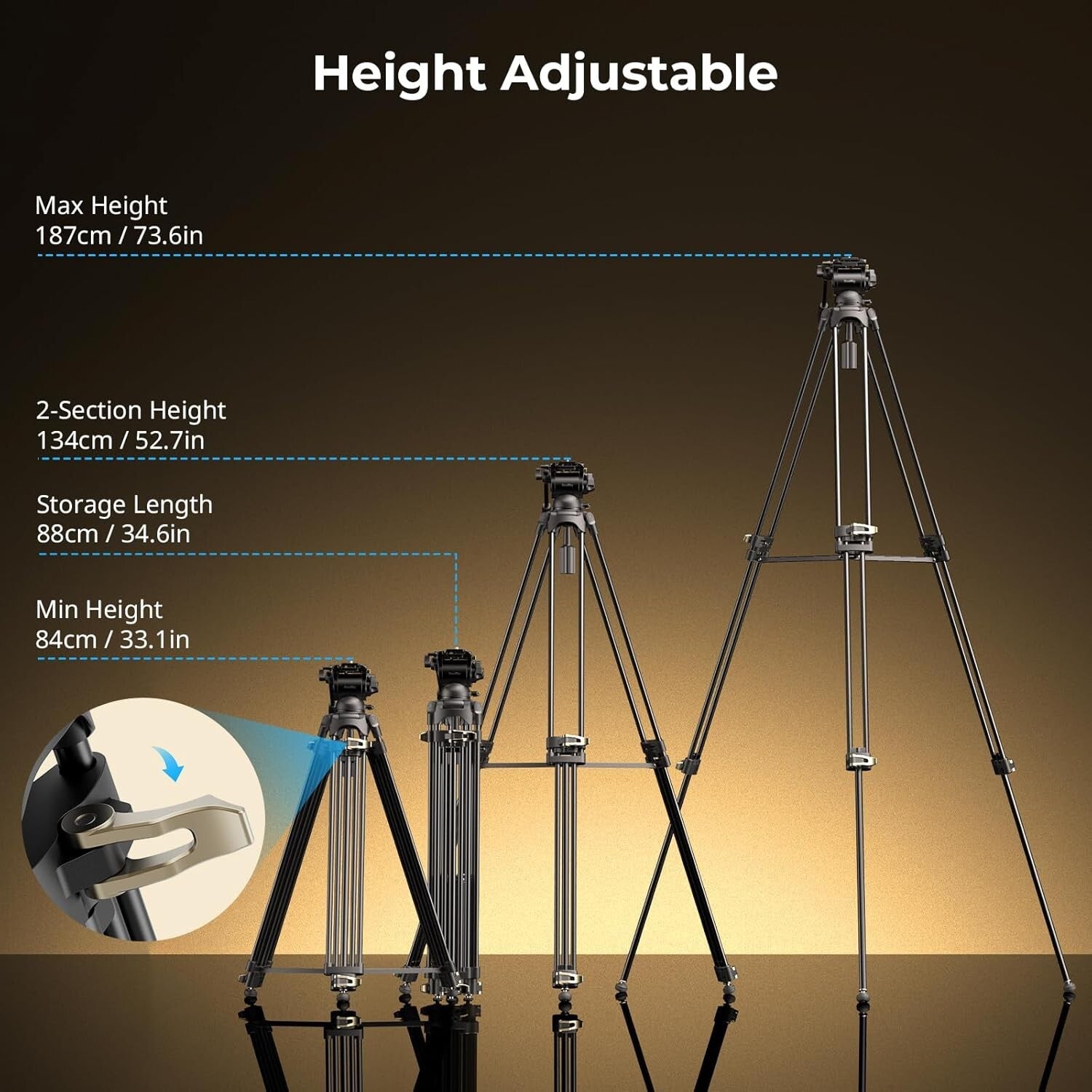 Professional Aluminum Tripod 74" with Quick Release Plate and Smooth Fluid Head