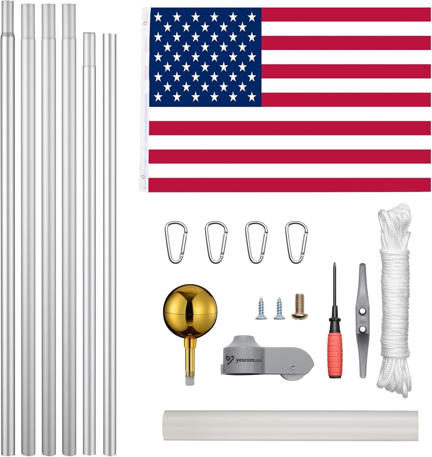 Durable 30FT Aluminum Flagpole with 3'x5' American Flag - Fly 2 Flags Easily
