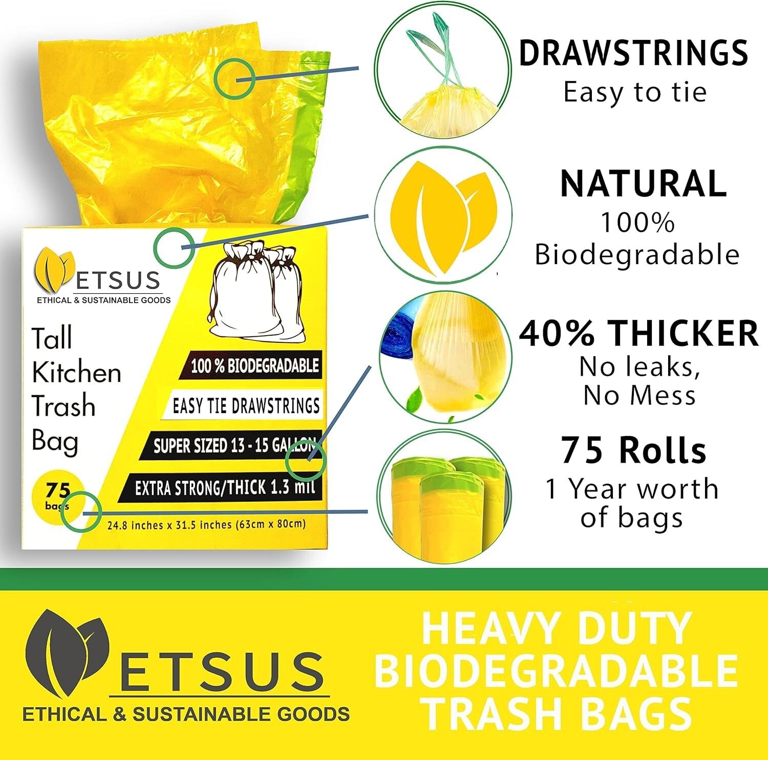 Durable 13 Gallon Plant-Based Drawstring Trash Bags - 75 Count Eco-Friendly Pack