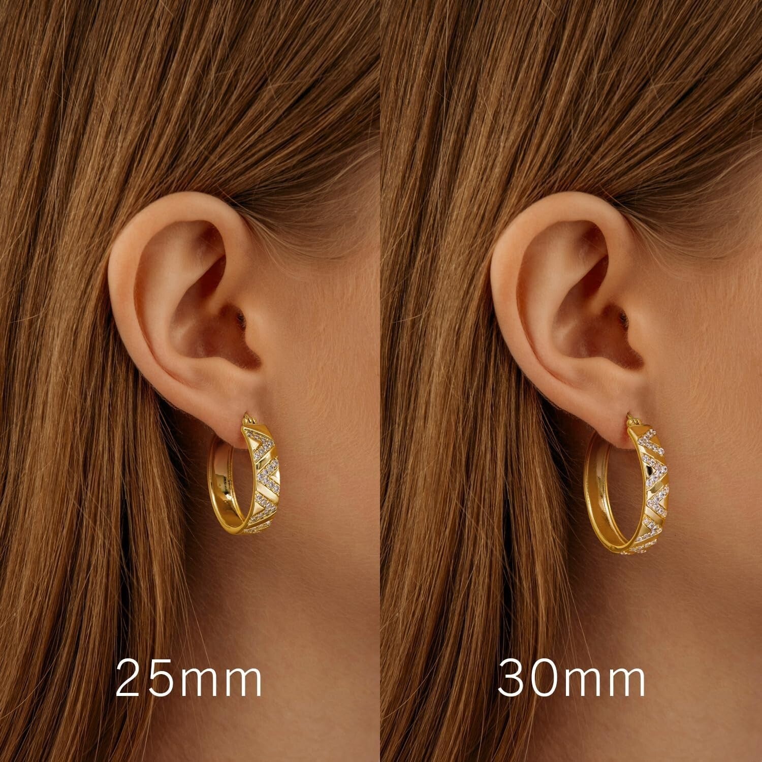 25mm Thick 14K Gold Hoop Earrings with V-Cut and Diamond Sparkle for Women