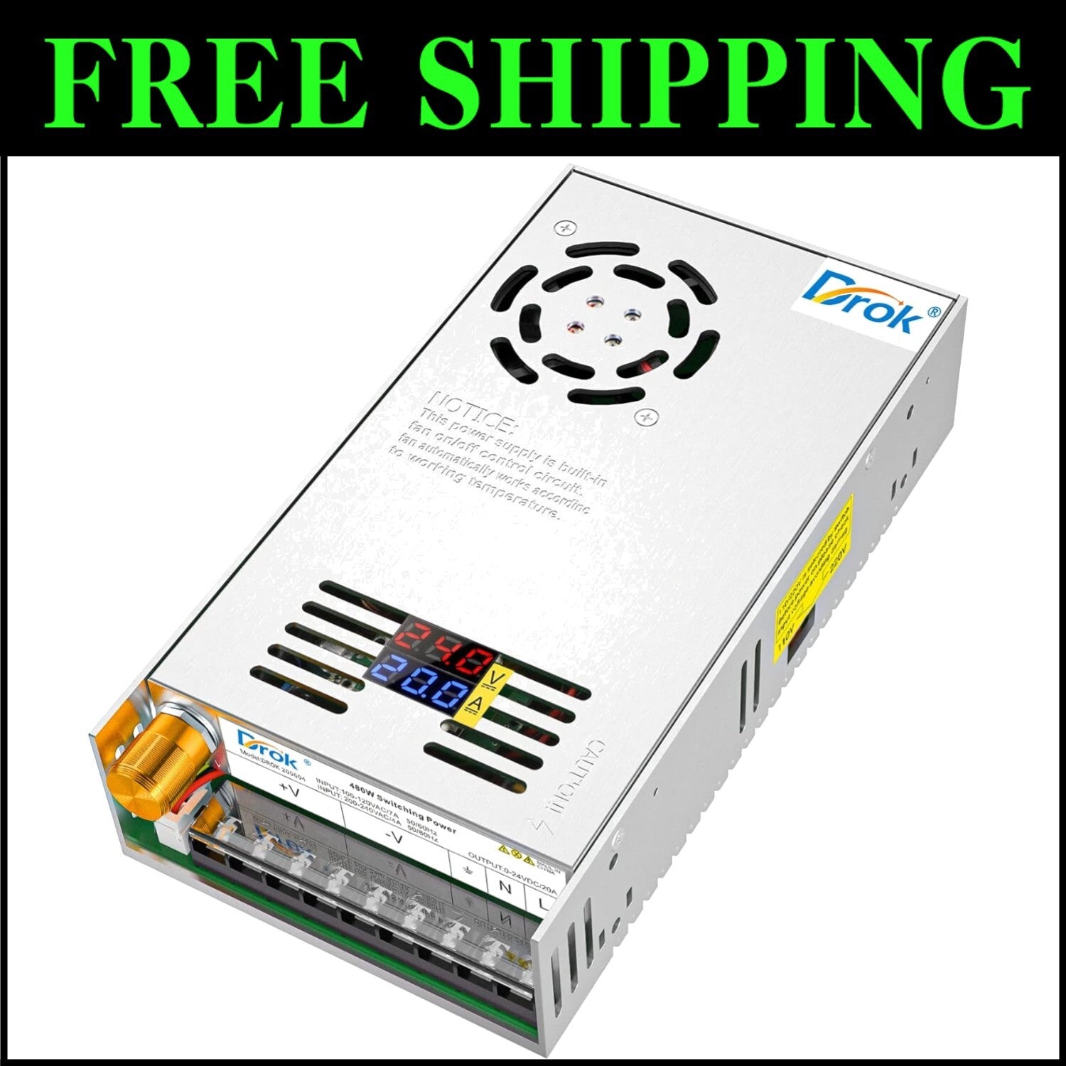 480W Adjustable Power Supply with Dual LED Display, 20A Current Capacity