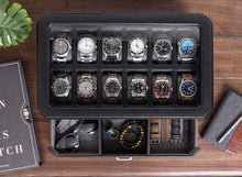 Load image into Gallery viewer, Modern 12-Slot Watch and Jewelry Organizer with Microsuede Liner, Black/Grey