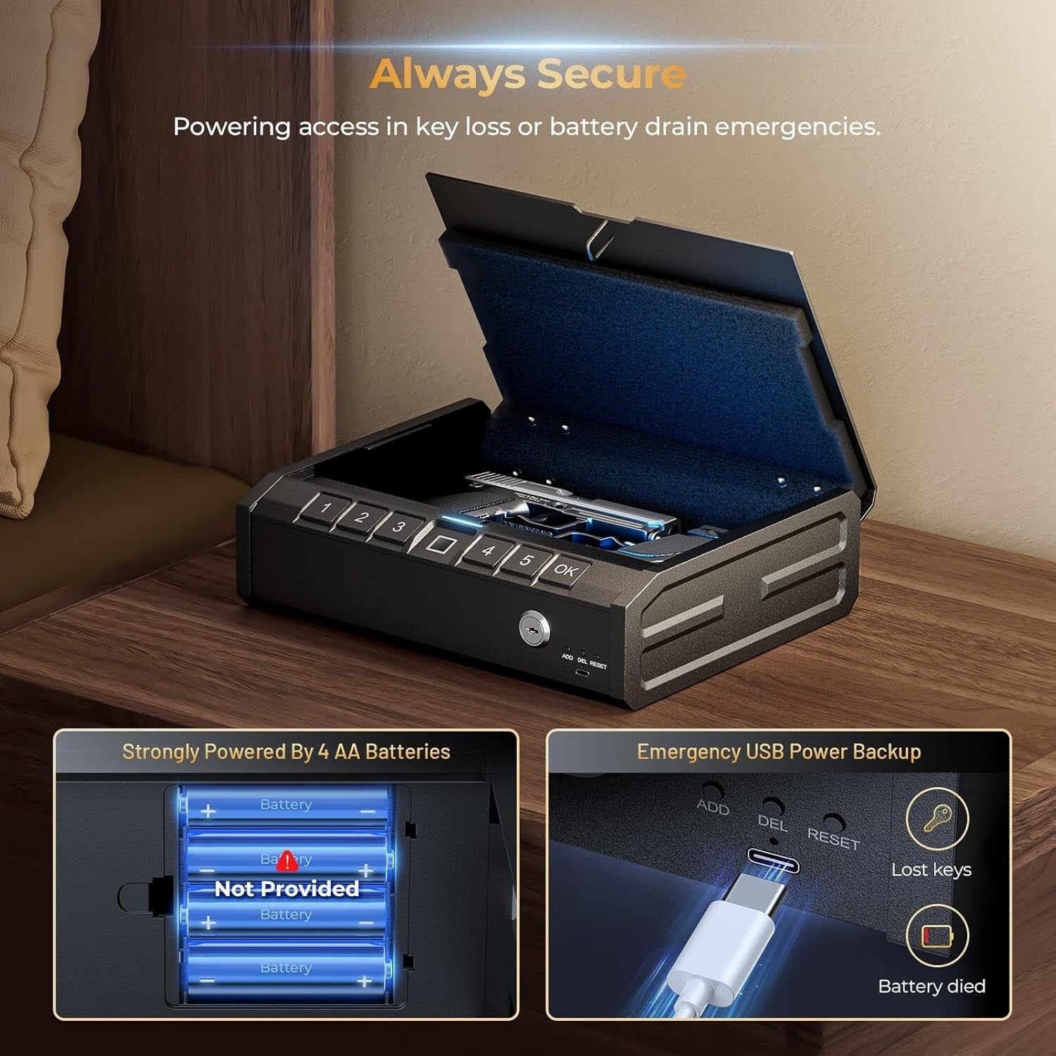 Steel Biometric Gun Lock Box with Emergency Power Supply - Ideal for Home or Car