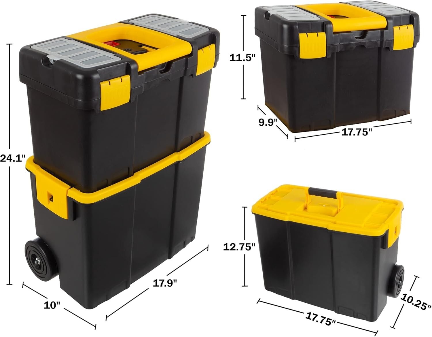 Durable Portable Tool Box with Wheels - Stackable 2-in-1 Organizer, Black/Yellow