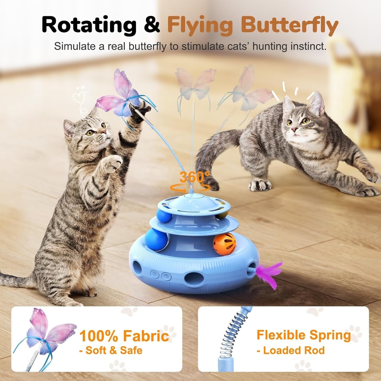 Blue Rechargeable Cat Toy: 4-in-1 Fun with Butterfly & Random Feather Action