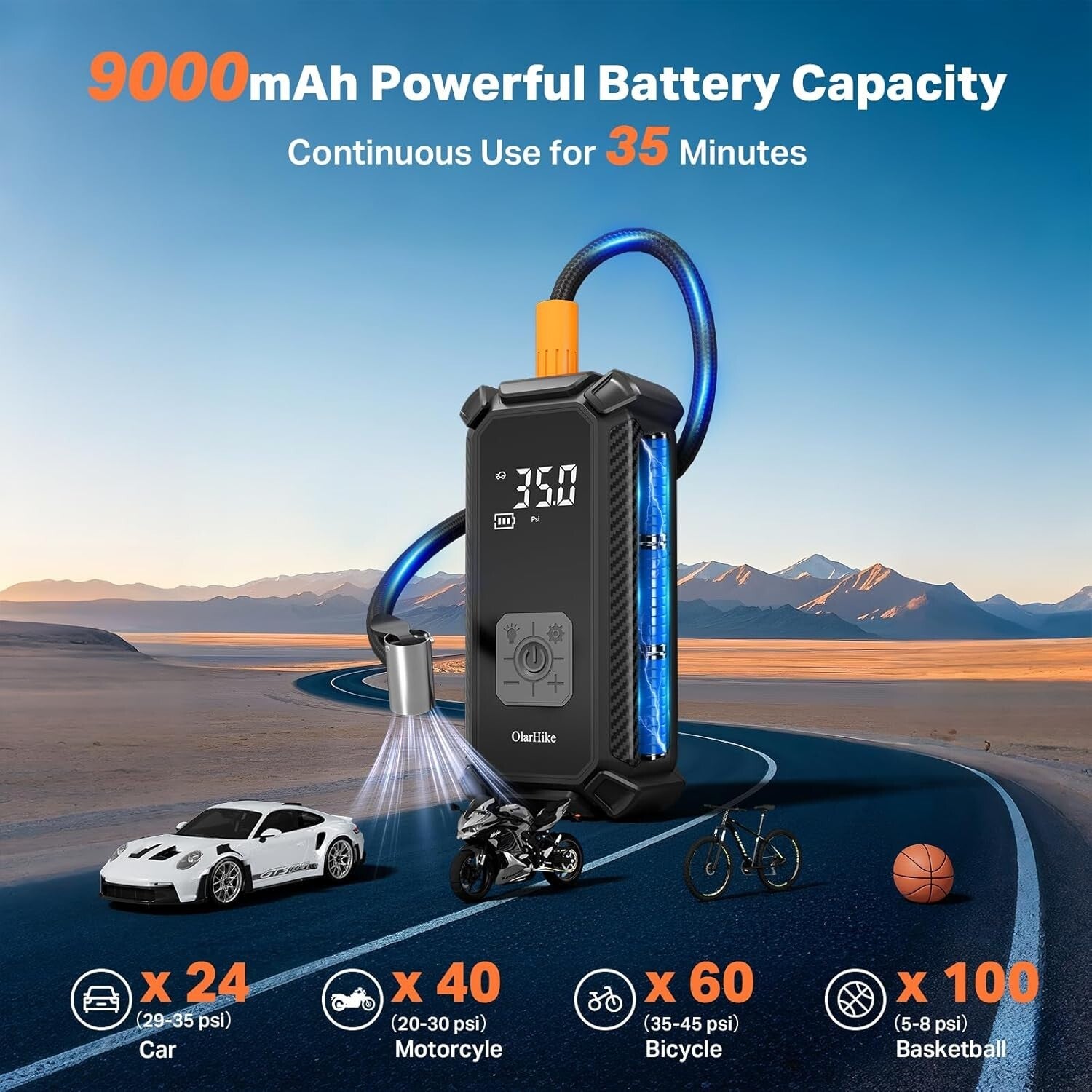 Fast Charging 9000mAh Cordless Tire Inflator with 5 Accessories and Storage Bag